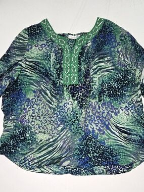 Green and Blue Printed Women's Tunic Top with Embellished Neckline
